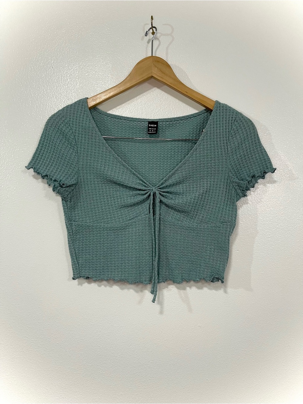 Shein Muted Sage Green Waffle Knit Crop Top Lettuce Trim Tie Front Short Sleeve